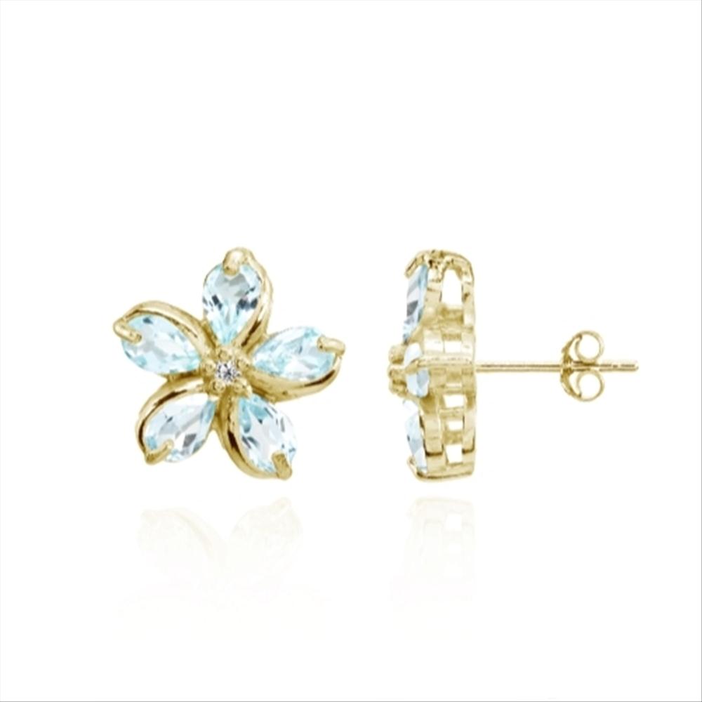 Yellow Gold Flashed Sterling Silver Blue Topaz Polished Flower Stud Earrings-2