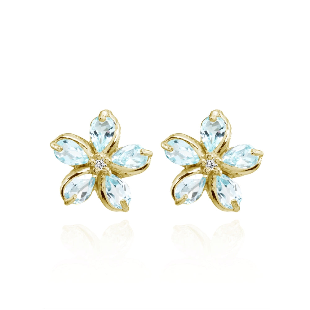 Yellow Gold Flashed Sterling Silver Blue Topaz Polished Flower Stud Earrings-3