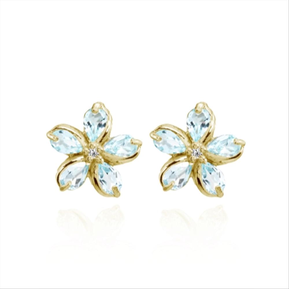 Yellow Gold Flashed Sterling Silver Blue Topaz Polished Flower Stud Earrings-4