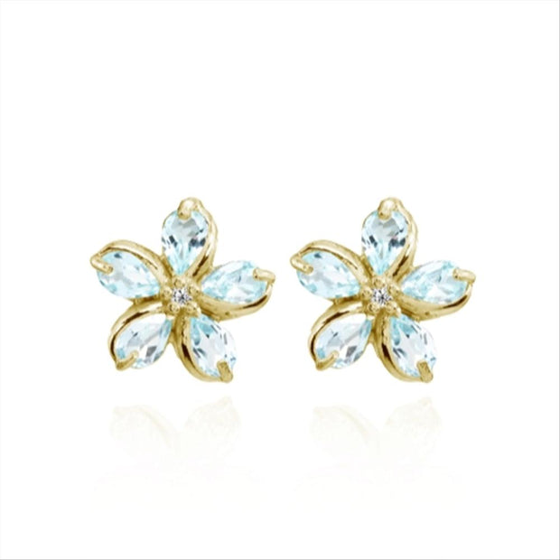 Yellow Gold Flashed Sterling Silver Blue Topaz Polished Flower Stud Earrings