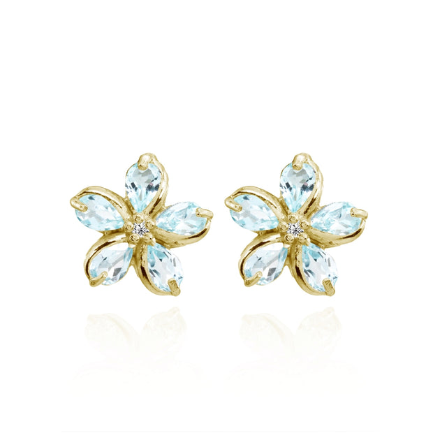 Yellow Gold Flashed Sterling Silver Blue Topaz Polished Flower Stud Earrings