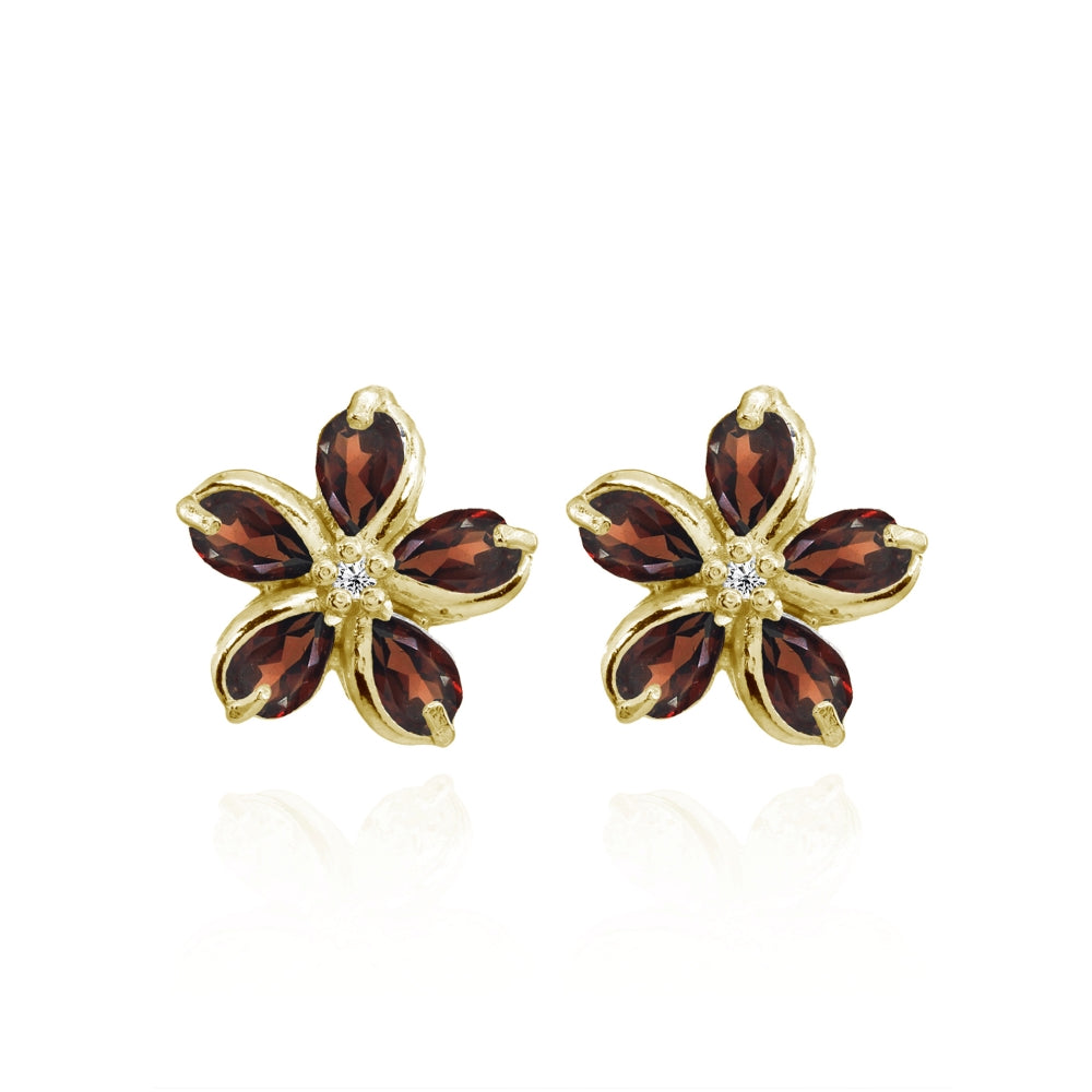 Yellow Gold Flashed Sterling Silver Garnet Polished Flower Stud Earrings-3