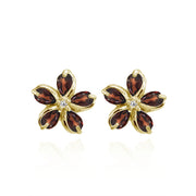 Yellow Gold Flashed Sterling Silver Garnet Polished Flower Stud Earrings
