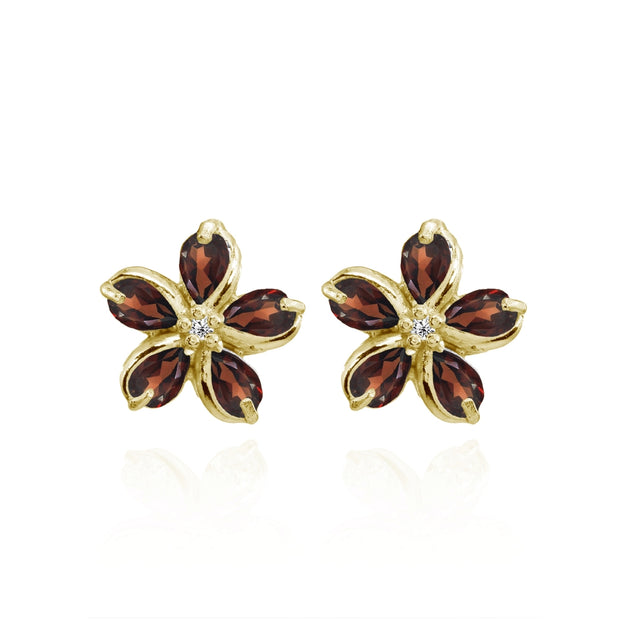 Yellow Gold Flashed Sterling Silver Garnet Polished Flower Stud Earrings