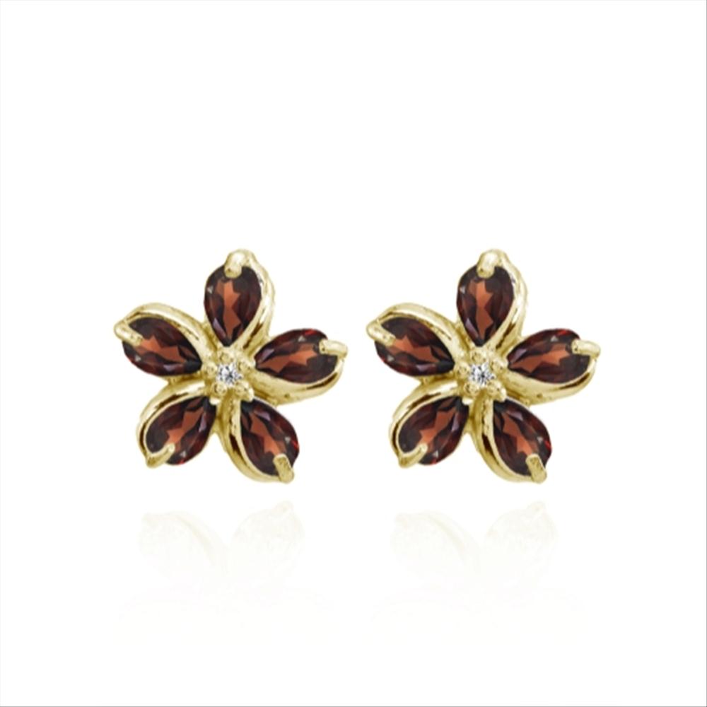 Yellow Gold Flashed Sterling Silver Garnet Polished Flower Stud Earrings-4