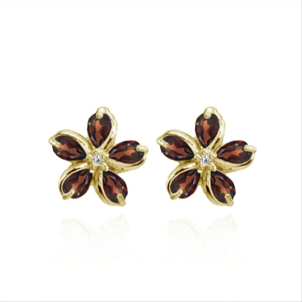 Yellow Gold Flashed Sterling Silver Garnet Polished Flower Stud Earrings