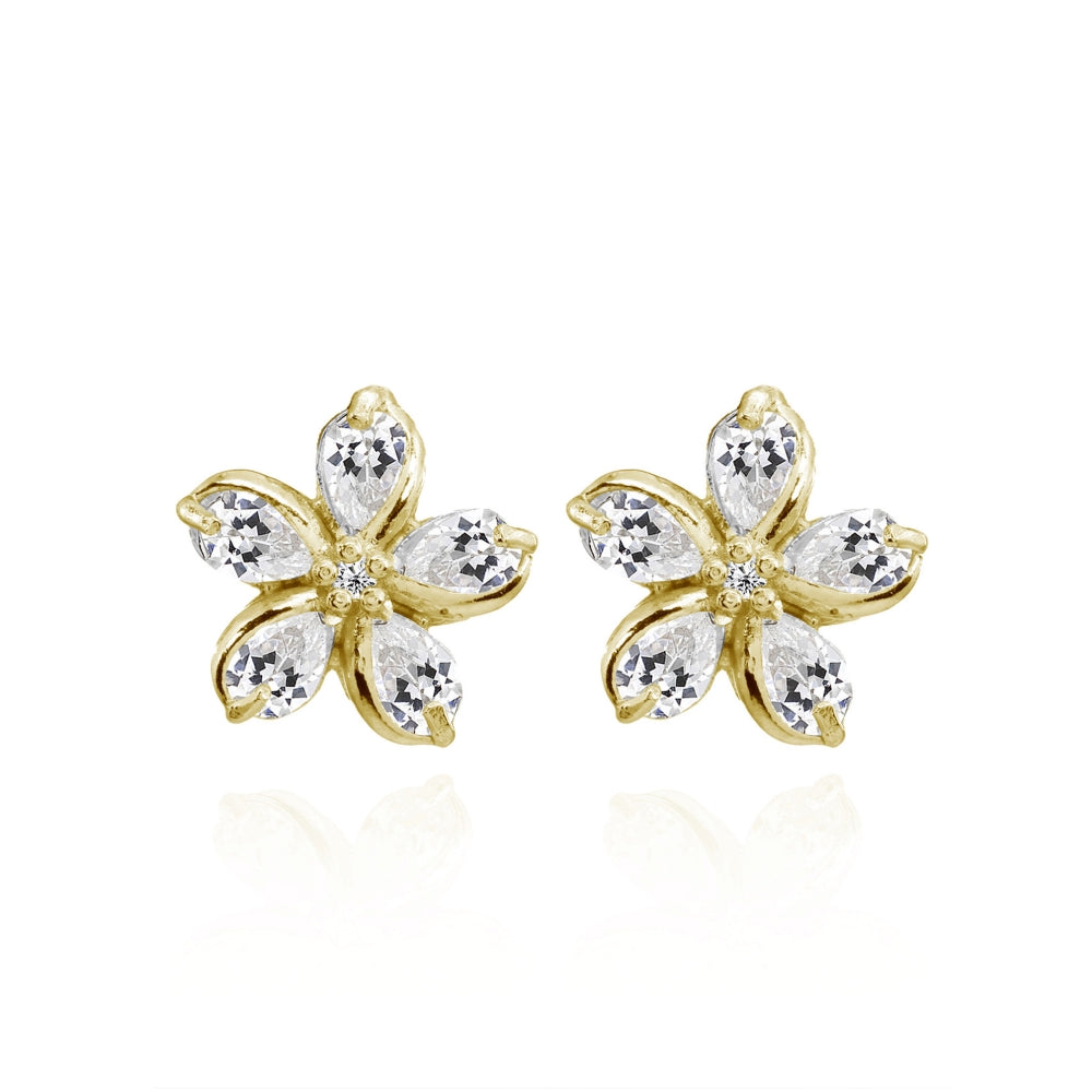 Yellow Gold Flashed Sterling Silver Cubic Zirconia Polished Flower Stud Earrings-3