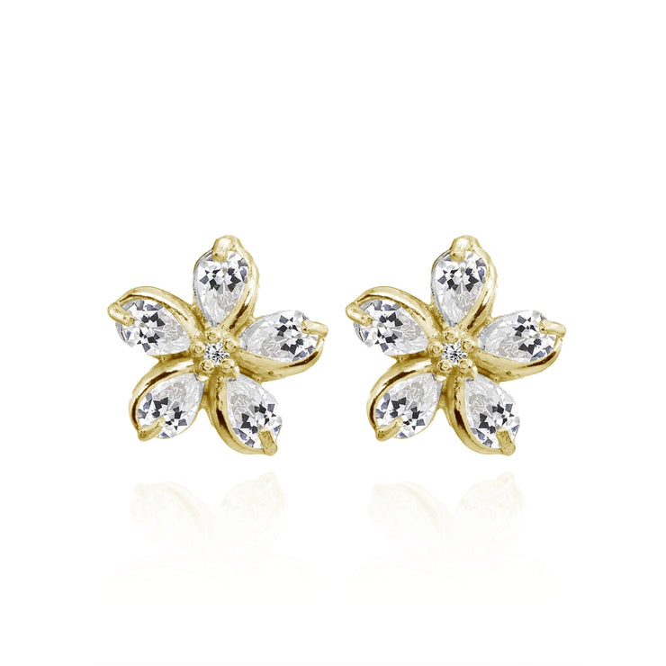 Yellow Gold Flashed Sterling Silver Cubic Zirconia Polished Flower Stud Earrings