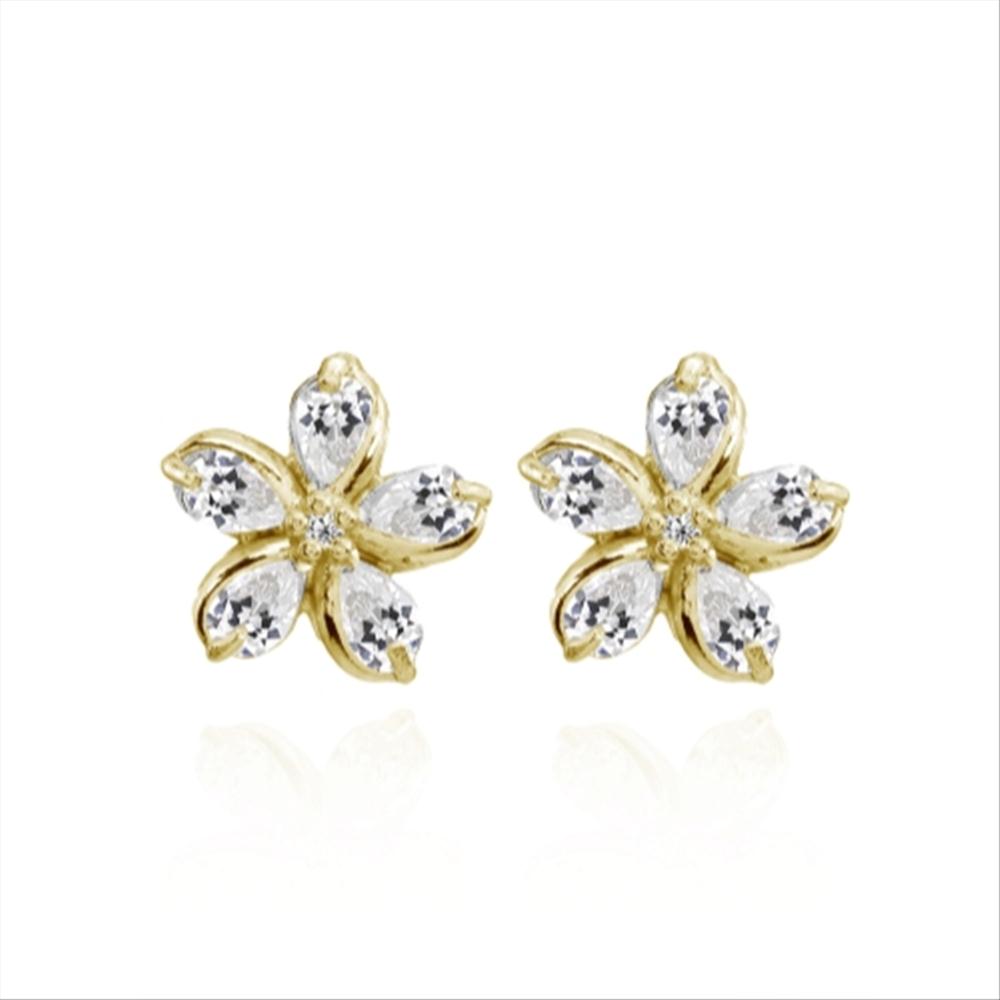 Yellow Gold Flashed Sterling Silver Cubic Zirconia Polished Flower Stud Earrings-4