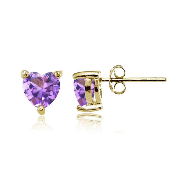 Yellow Gold Flashed Sterling Silver Created Amethyst 6mm Heart Stud Earrings