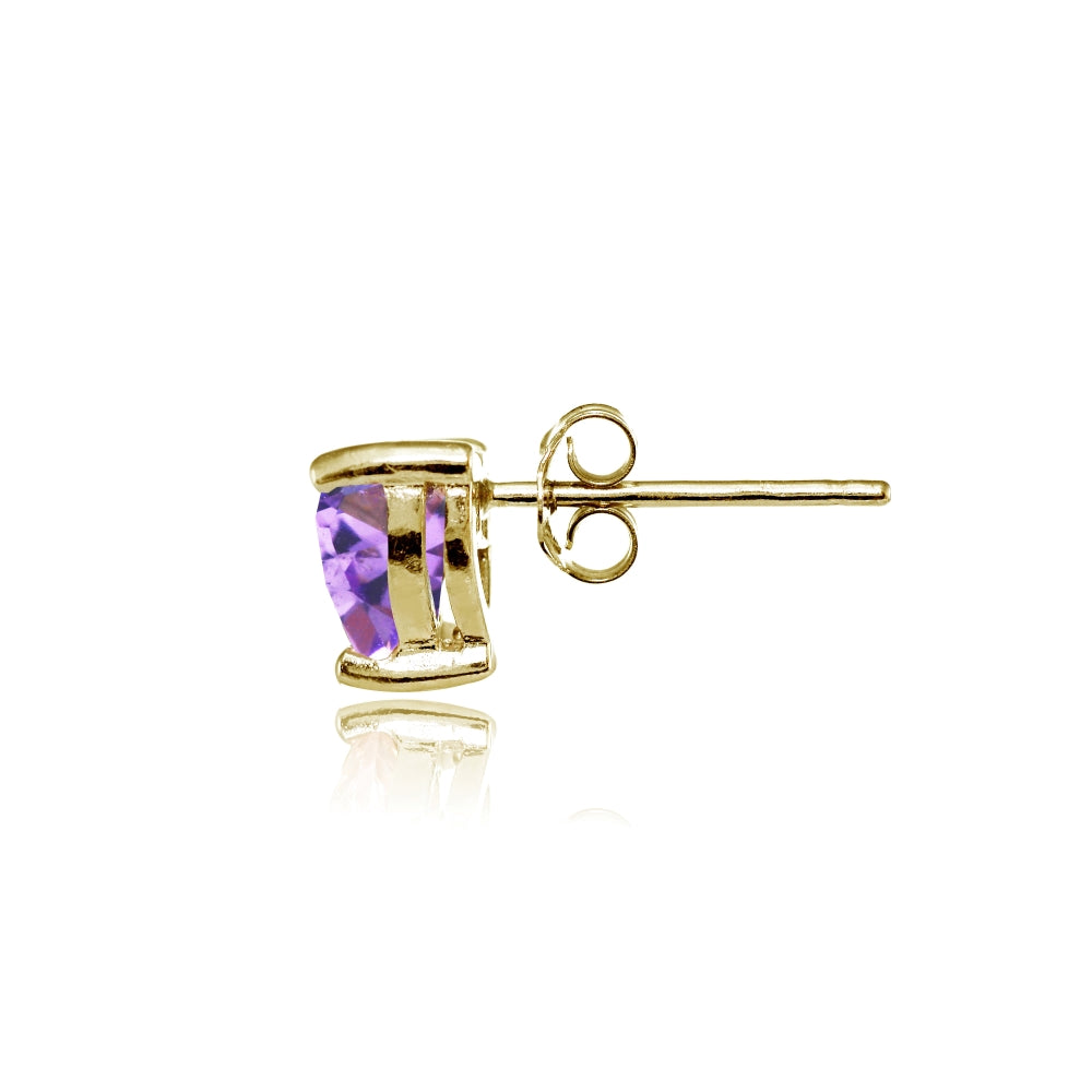 Yellow Gold Flashed Sterling Silver Created Amethyst 6mm Heart Stud Earrings-2
