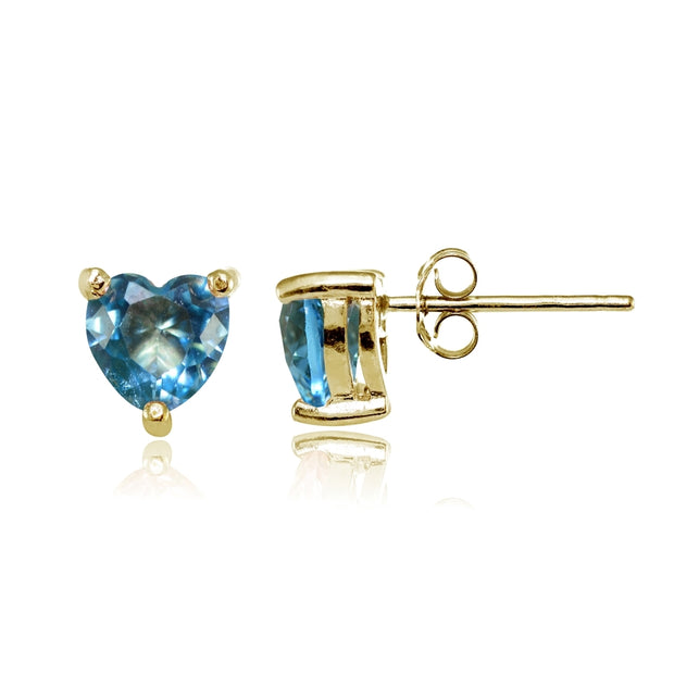 Yellow Gold Flashed Sterling Silver Created Blue Topaz 6mm Heart Stud Earrings