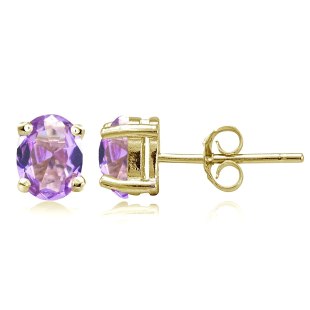 Yellow Gold Flashed Sterling Silver Created Amethyst 7x5mm Oval Stud Earrings