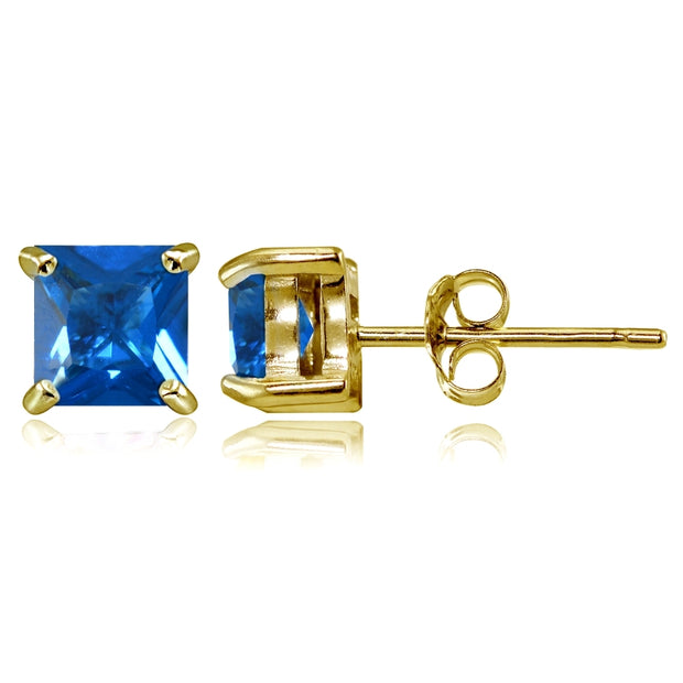 Yellow Gold Flashed Sterling Silver Created London Blue Topaz 5mm Princess-cut Stud Earrings