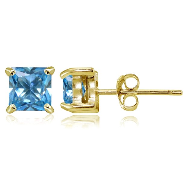 Yellow Gold Flashed Sterling Silver Created Blue Topaz 5mm Princess-cut Stud Earrings