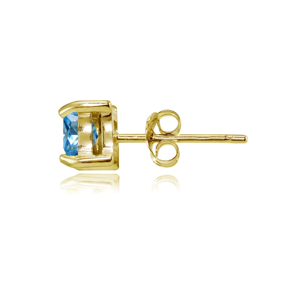 Yellow Gold Flashed Sterling Silver Created Blue Topaz 5mm Princess-cut Stud Earrings-2