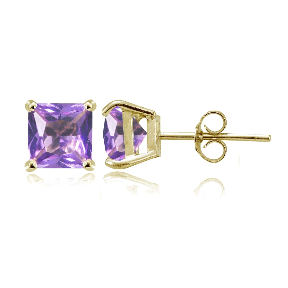 Yellow Gold Flashed Sterling Silver Created Amethyst 6mm Princess-cut Stud Earrings