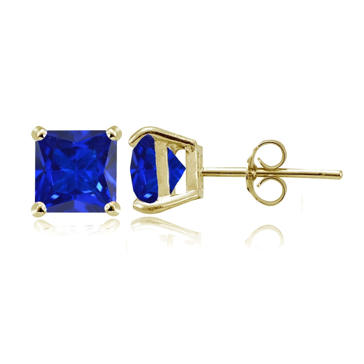 Yellow Gold Flashed Sterling Silver Created Blue Sapphire 6mm Princess-cut Stud Earrings