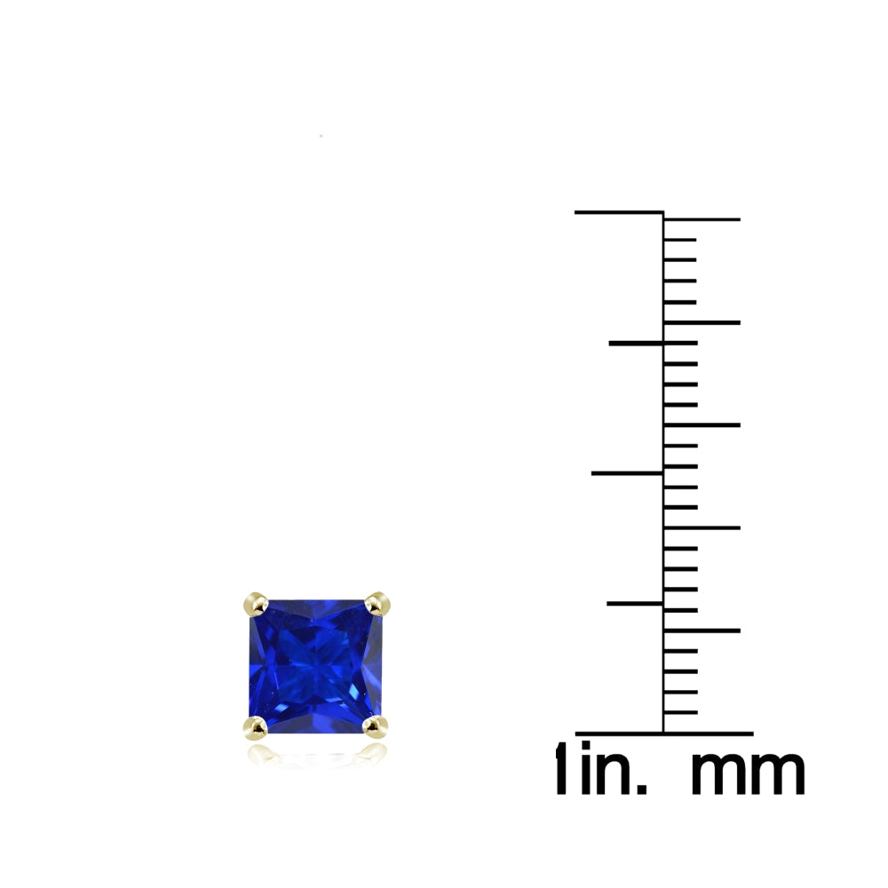 Yellow Gold Flashed Sterling Silver Created Blue Sapphire 6mm Princess-cut Stud Earrings-3