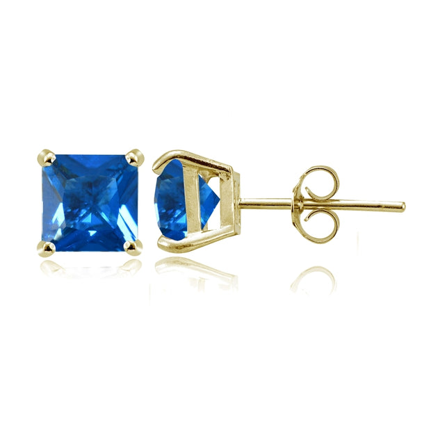 Yellow Gold Flashed Sterling Silver Created London Blue Topaz 6mm Princess-cut Stud Earrings