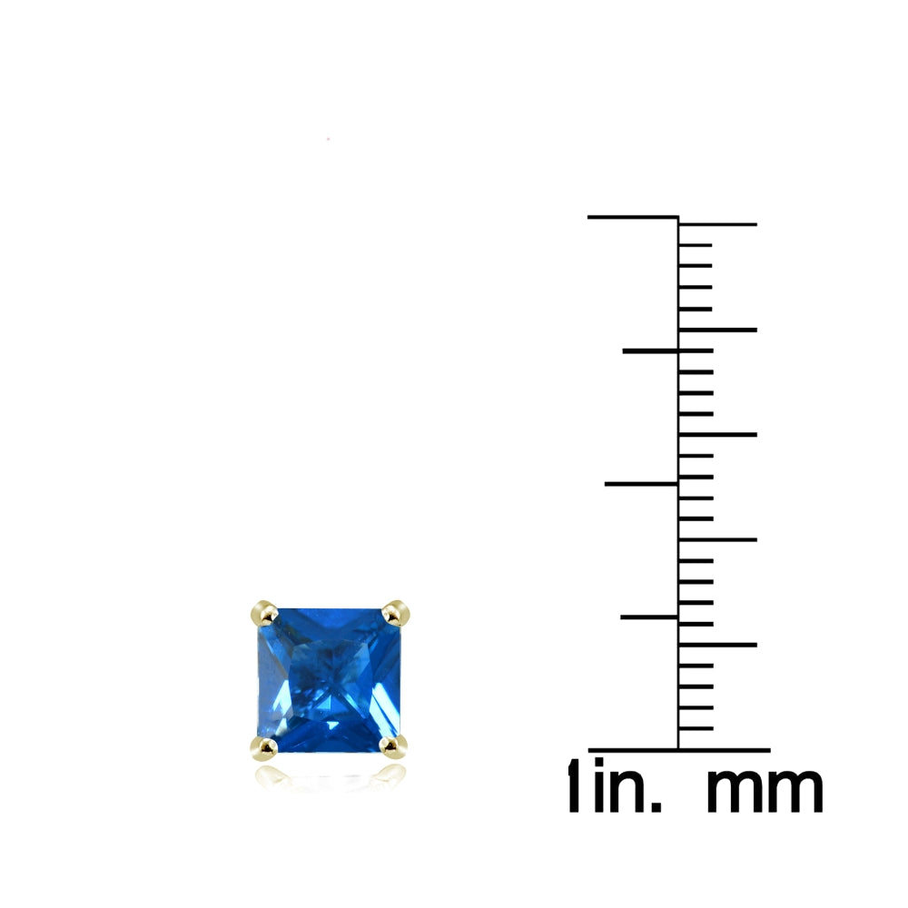 Yellow Gold Flashed Sterling Silver Created London Blue Topaz 6mm Princess-cut Stud Earrings-3