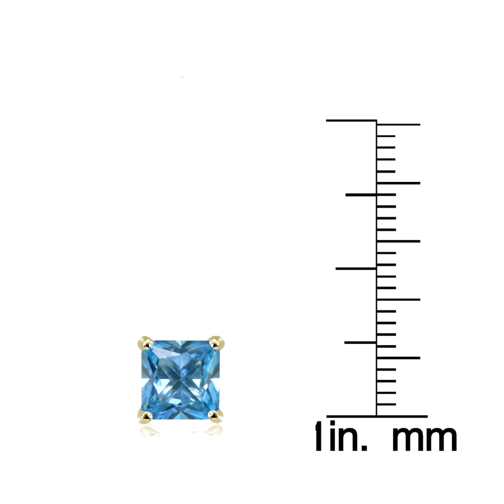 Yellow Gold Flashed Sterling Silver Created Blue Topaz 6mm Princess-cut Stud Earrings-3