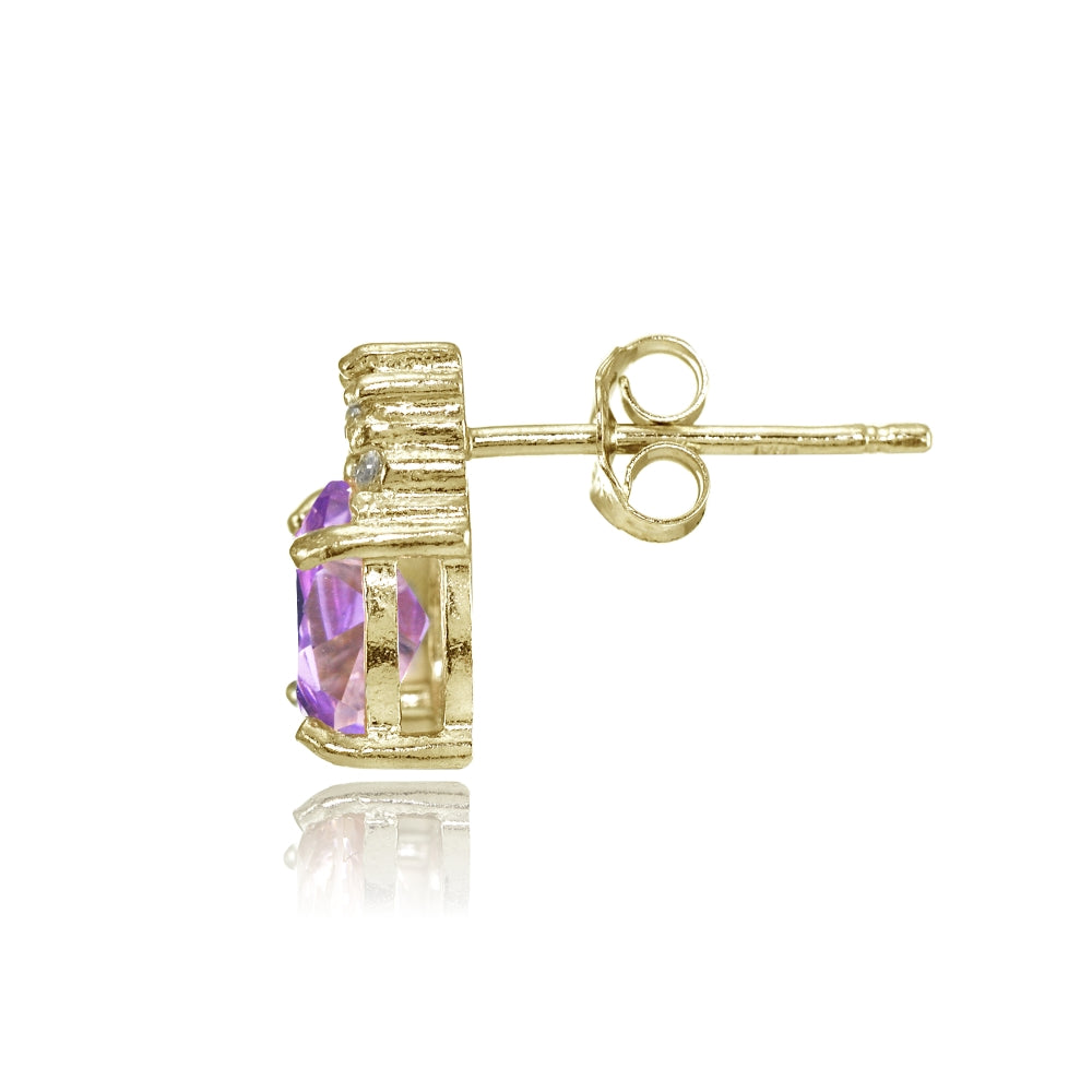 Yellow Gold Flashed Sterling Silver Created Amethyst and CZ Accent Oval Stud Earrings-2
