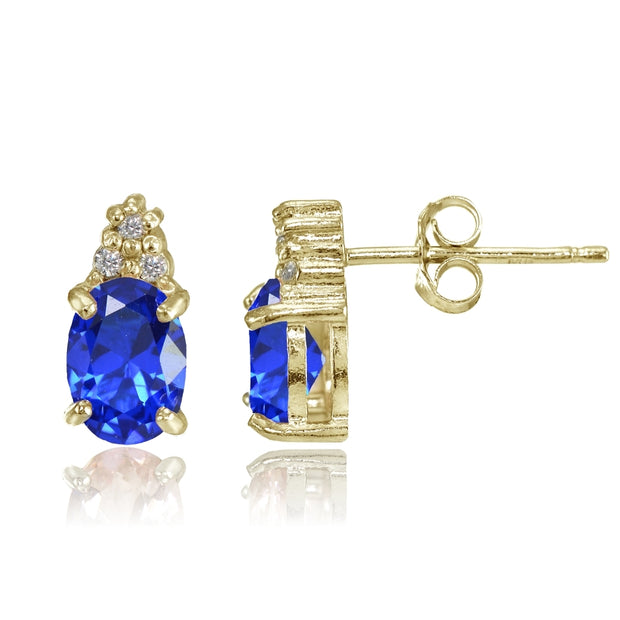 Yellow Gold Flashed Sterling Silver Created Blue Sapphire and CZ Accent Oval Stud Earrings