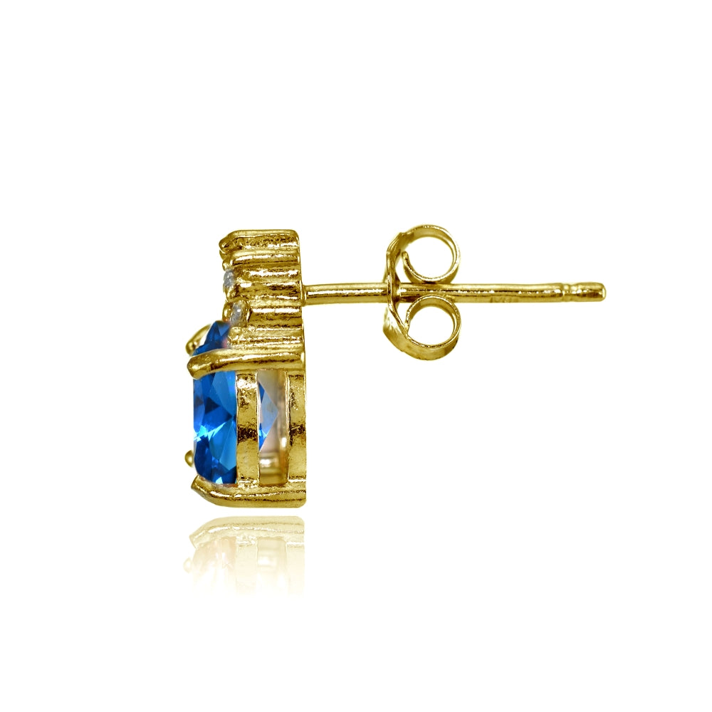 Yellow Gold Flashed Sterling Silver Created London Blue Topaz and CZ Accent Oval Stud Earrings-2