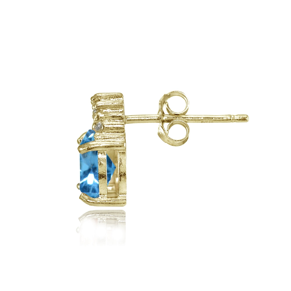 Yellow Gold Flashed Sterling Silver Created Blue Topaz and CZ Accent Oval Stud Earrings-2