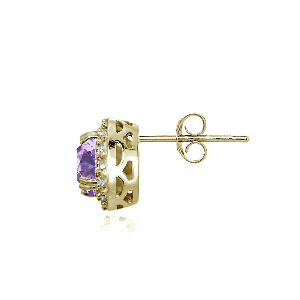 Yellow Gold Flashed Sterling Silver Created Amethyst and CZ Accents Round Halo Stud Earrings-2