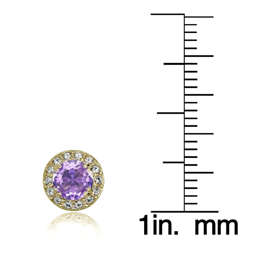 Yellow Gold Flashed Sterling Silver Created Amethyst and CZ Accents Round Halo Stud Earrings-3