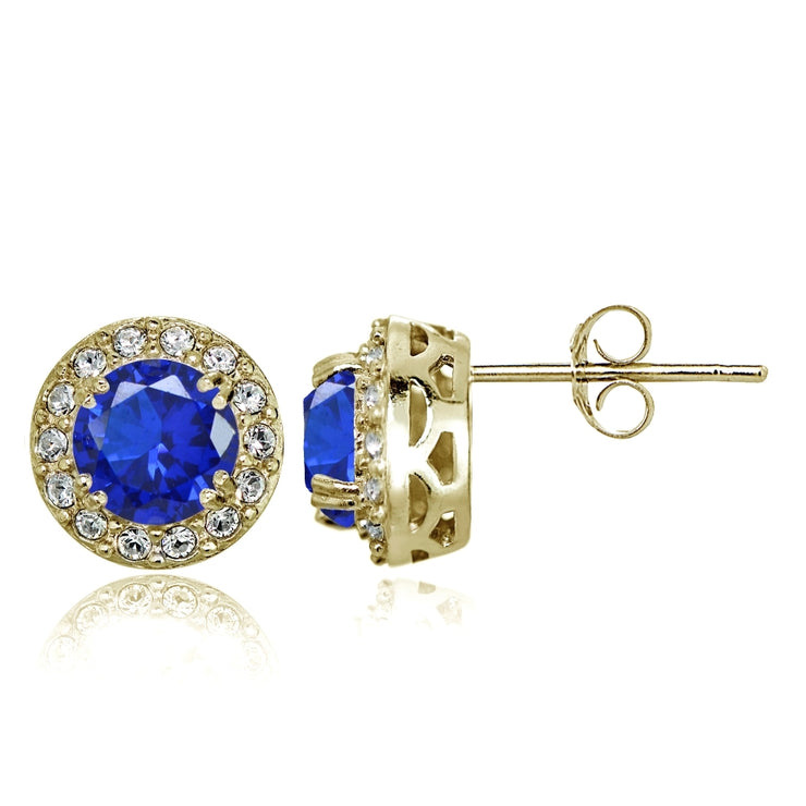 Yellow Gold Flashed Sterling Silver Created Blue Sapphire and CZ Accents Round Halo Stud Earrings