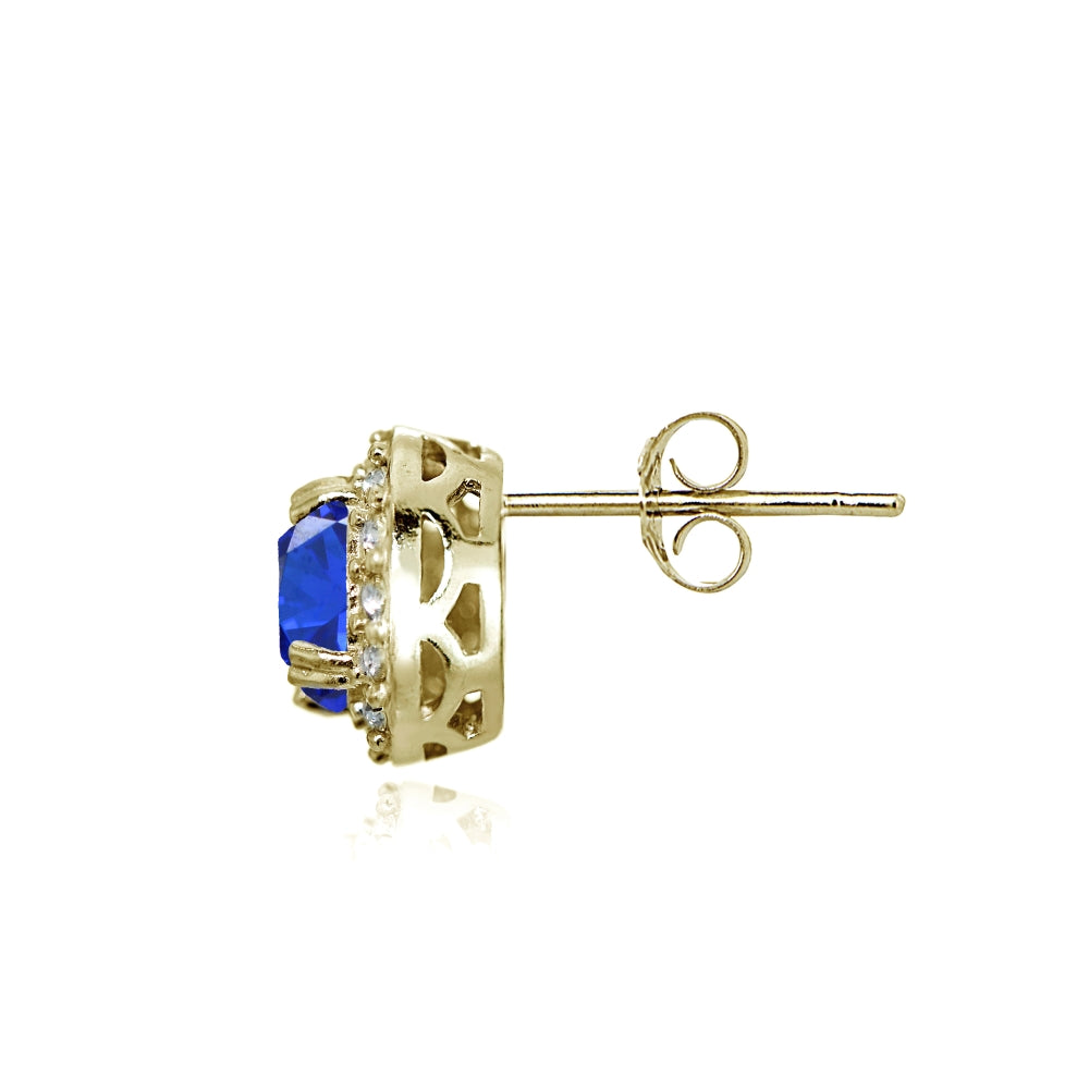 Yellow Gold Flashed Sterling Silver Created Blue Sapphire and CZ Accents Round Halo Stud Earrings-2