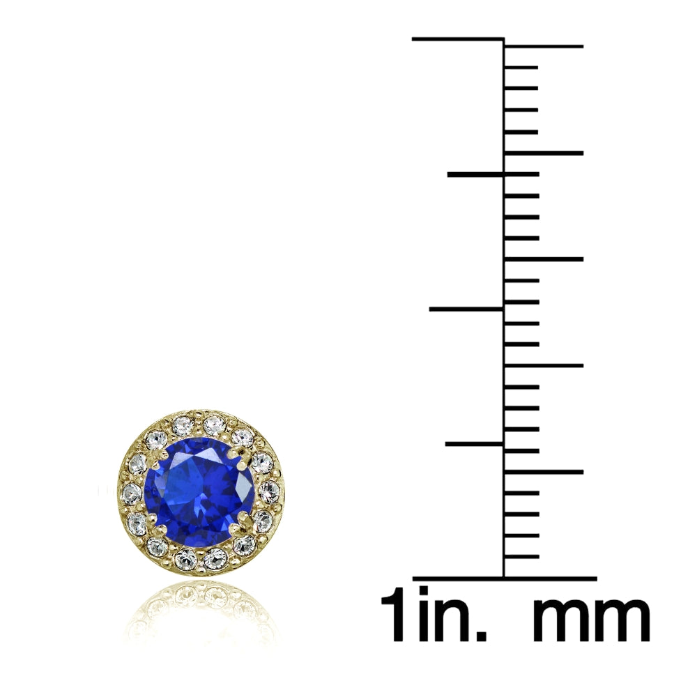 Yellow Gold Flashed Sterling Silver Created Blue Sapphire and CZ Accents Round Halo Stud Earrings-3