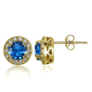 Yellow Gold Flashed Sterling Silver Created London Blue Topaz and CZ Accents Round Halo Stud Earrings