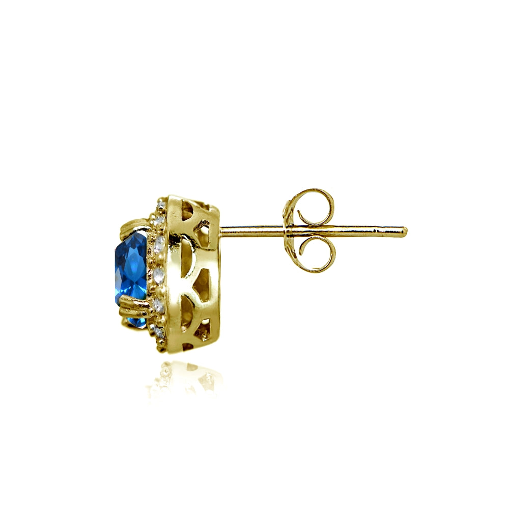 Yellow Gold Flashed Sterling Silver Created London Blue Topaz and CZ Accents Round Halo Stud Earrings-2