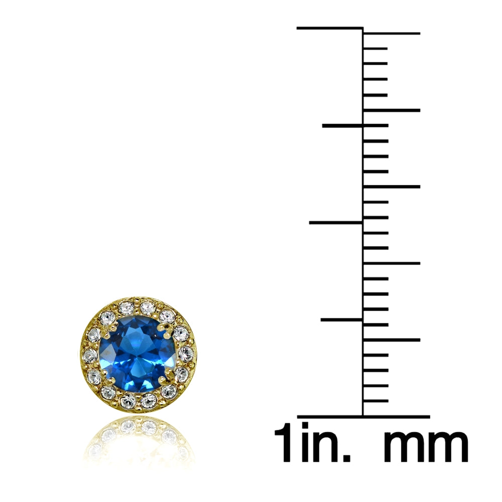Yellow Gold Flashed Sterling Silver Created London Blue Topaz and CZ Accents Round Halo Stud Earrings-3