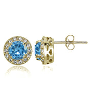 Yellow Gold Flashed Sterling Silver Created Blue Topaz and CZ Accents Round Halo Stud Earrings