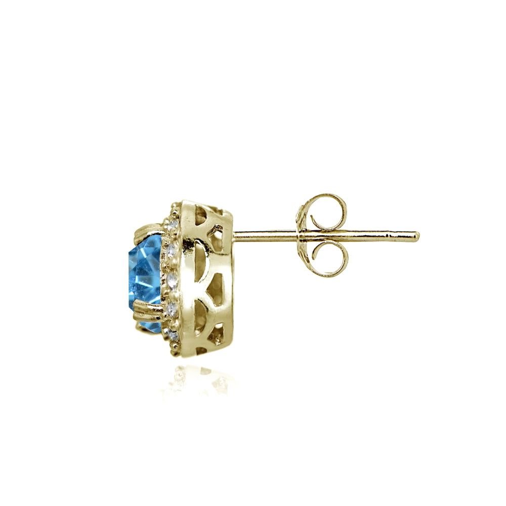 Yellow Gold Flashed Sterling Silver Created Blue Topaz and CZ Accents Round Halo Stud Earrings-2