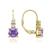 Yellow Gold Flashed Sterling Silver Created Amethyst 6mm Round and CZ Accents Leverback Earrings