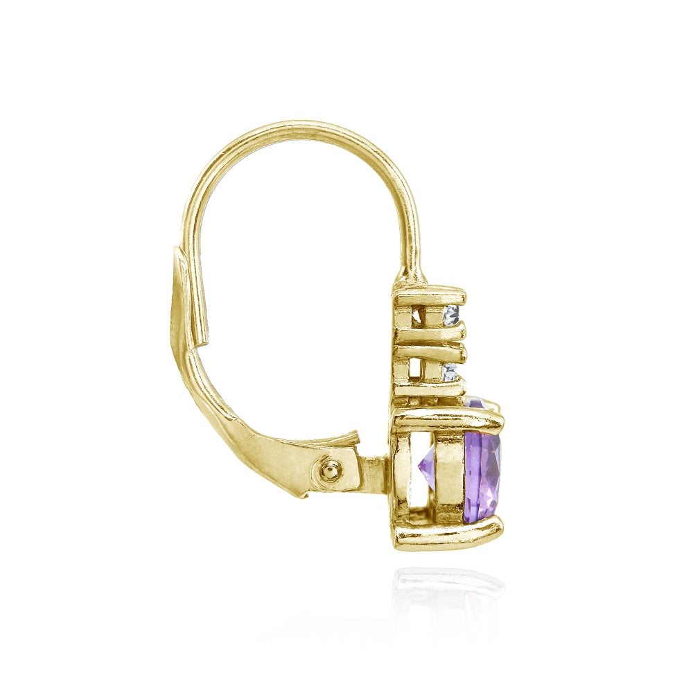 Yellow Gold Flashed Sterling Silver Created Amethyst 6mm Round and CZ Accents Leverback Earrings-2