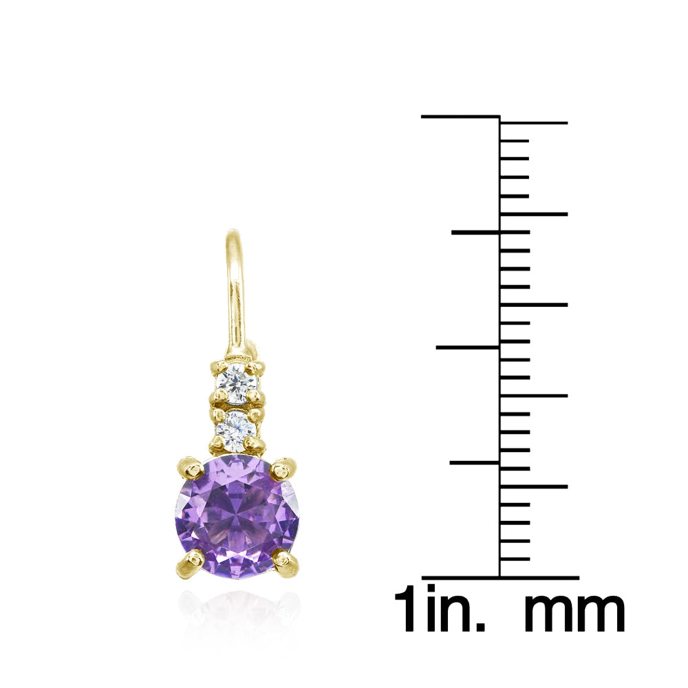 Yellow Gold Flashed Sterling Silver Created Amethyst 6mm Round and CZ Accents Leverback Earrings-3