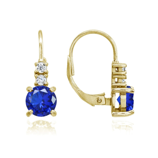 Yellow Gold Flashed Sterling Silver Created Blue Sapphire 6mm Round and CZ Accents Leverback Earrings