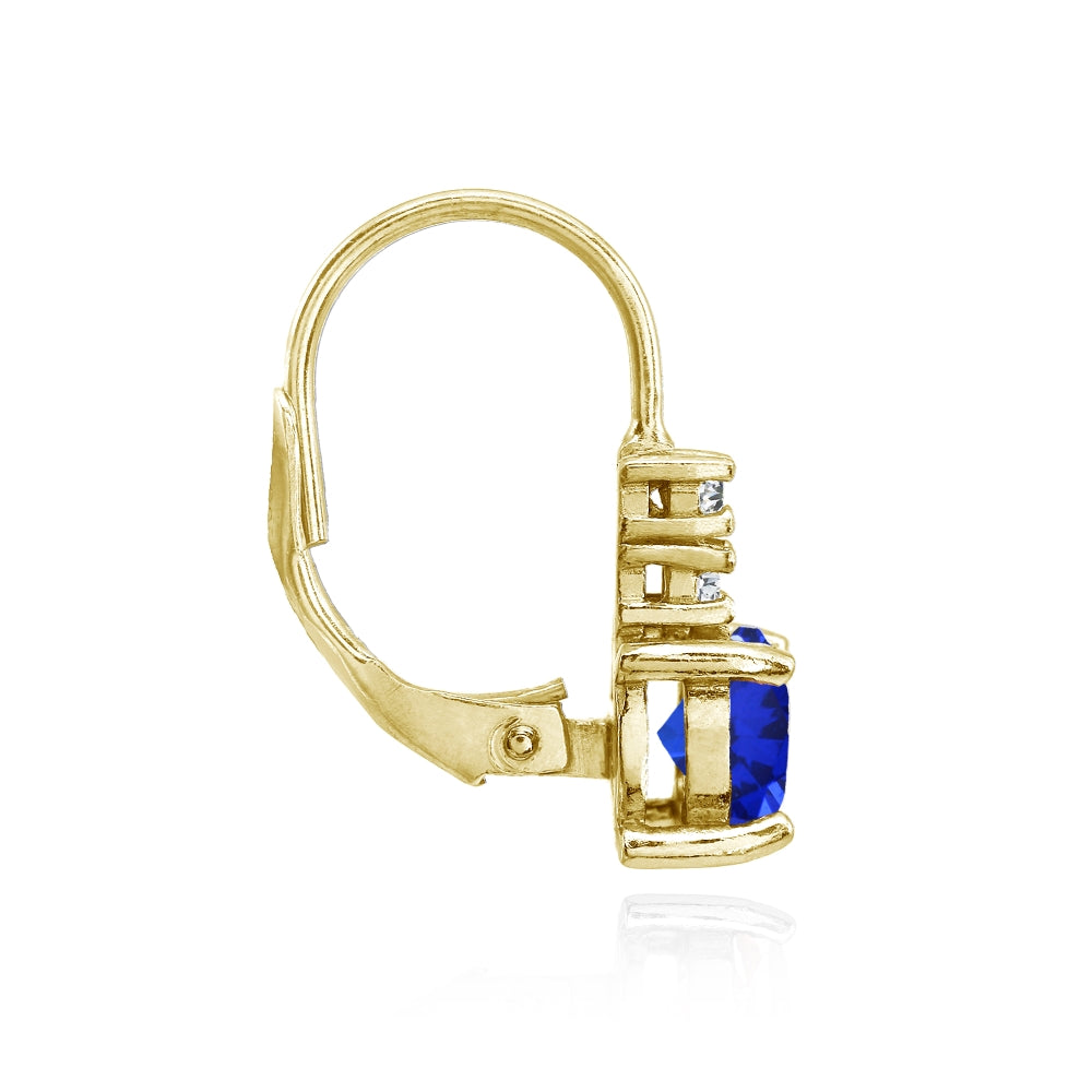 Yellow Gold Flashed Sterling Silver Created Blue Sapphire 6mm Round and CZ Accents Leverback Earrings-2
