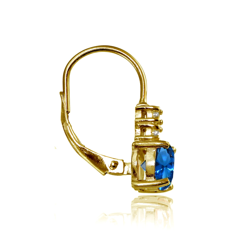 Yellow Gold Flashed Sterling Silver Created London Blue Topaz 6mm Round and CZ Accents Leverback Earrings-2