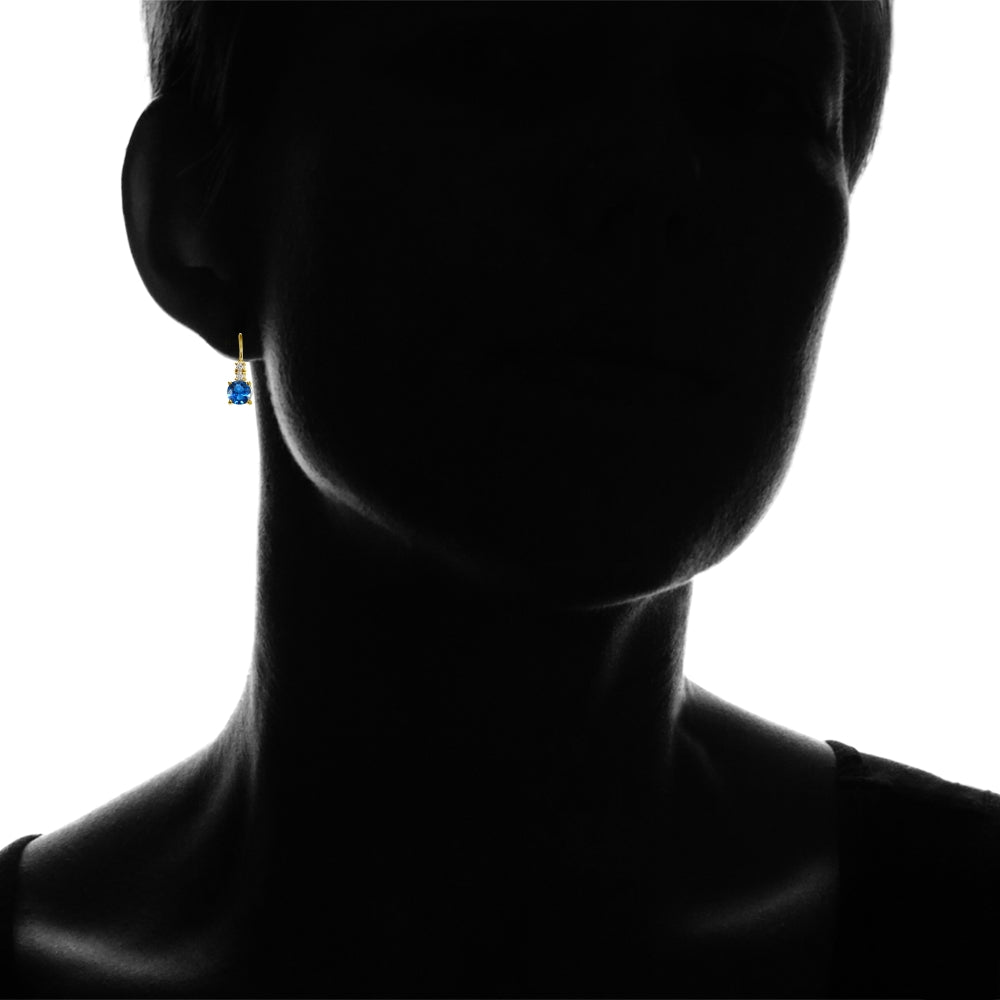 Yellow Gold Flashed Sterling Silver Created London Blue Topaz 6mm Round and CZ Accents Leverback Earrings-4
