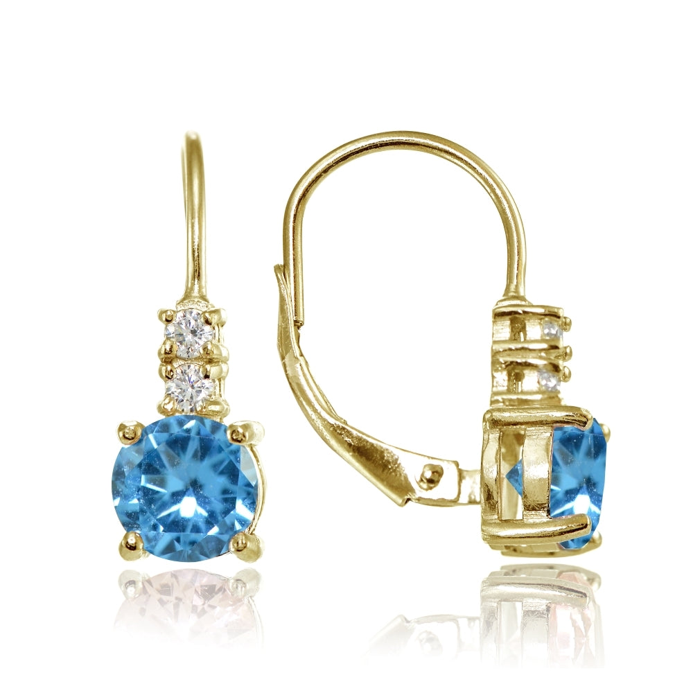 Yellow Gold Flashed Sterling Silver Created Blue Topaz 6mm Round and CZ Accents Leverback Earrings