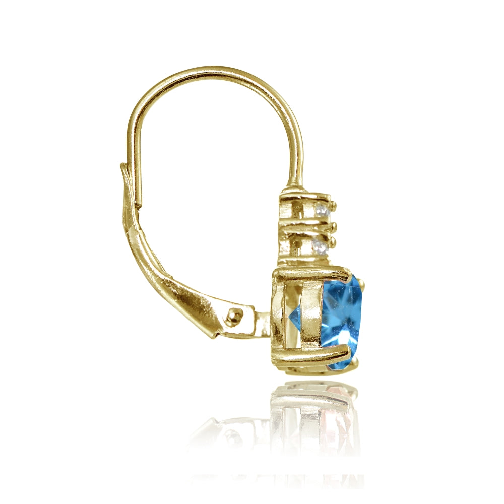 Yellow Gold Flashed Sterling Silver Created Blue Topaz 6mm Round and CZ Accents Leverback Earrings-2