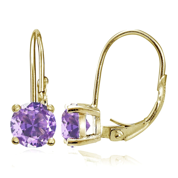 Yellow Gold Flashed Sterling Silver Created Amethyst 6mm Round Leverback Earrings